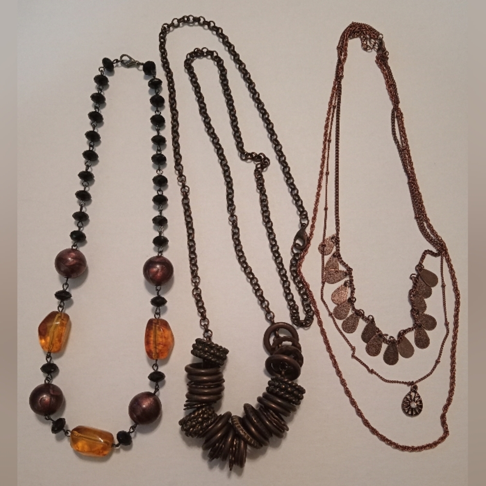 #622.  3 Piece Assorted Beaded, Copper Toned & Layer Necklace Bundle